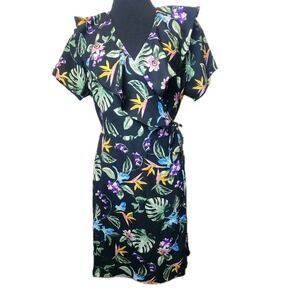 NEW Toxik3 Tropical Floral Wrap Dress M Black Resort Vacation Beach Cruise Flowy